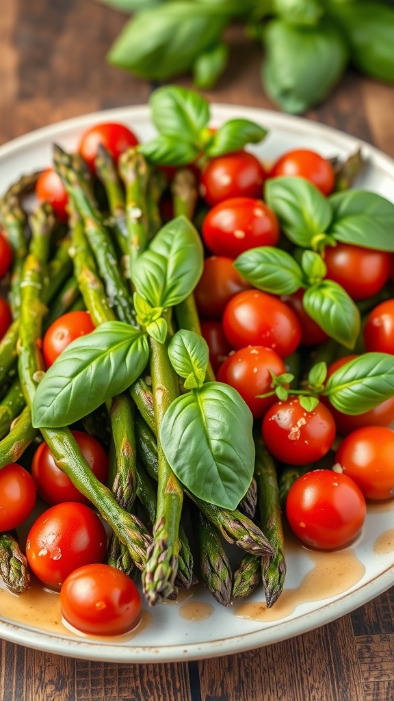 A vibrant roasted asparagus and tomato salad garnished with basil on a rustic wooden table.